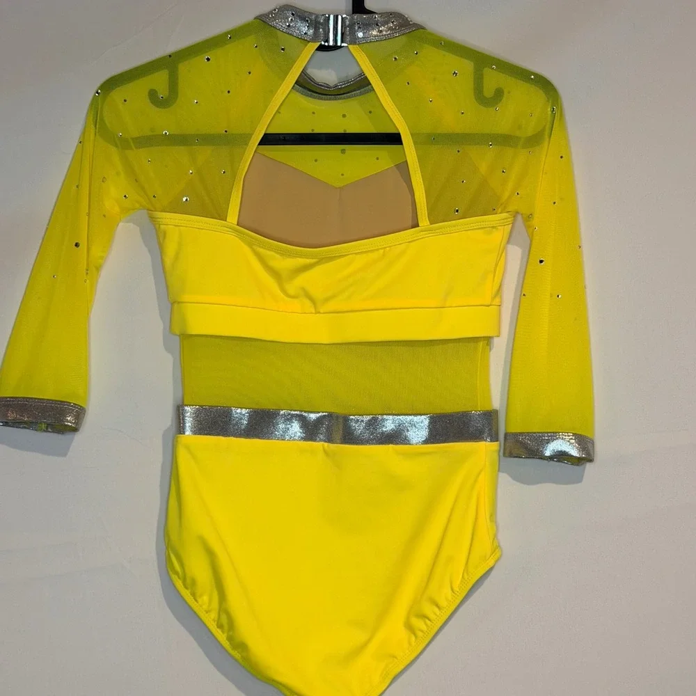 Double Platinum Kids Neon Yellow Rhinestone Dance Leotard with Skirt Size MC